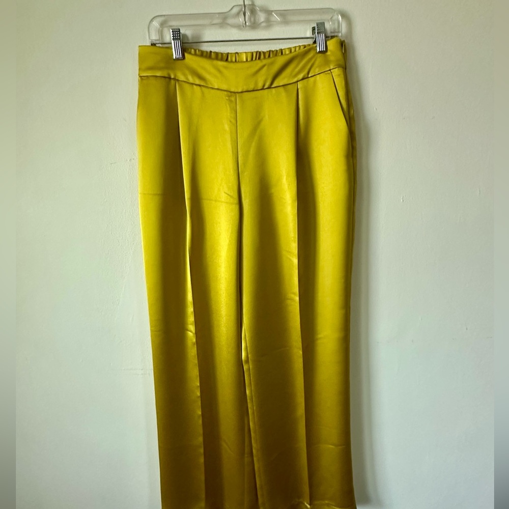 NWOT Express Chartreuse Golden Yellow Satin Trousers hemmed